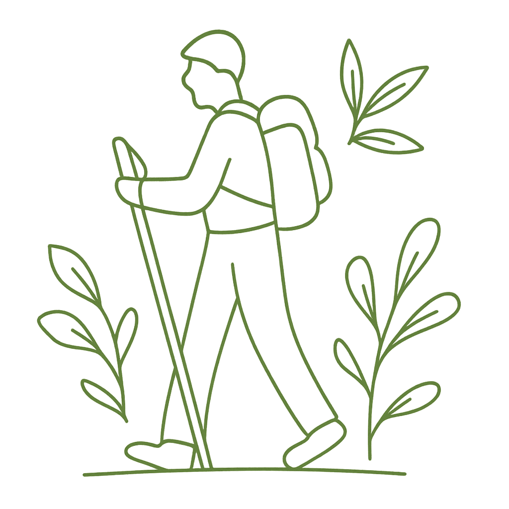 Zelena minimalistična ilustracija pohodnika z nahrbtnikom in palico, obdanega z rastlinami – simbol nabiralništva, raziskovanja in povezave z naravo.