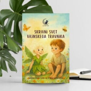 Naslovnica otroške knjige Skrivni svet vilinskega travnika z ilustracijo dečka in vile na travniku, obkroženih s cvetjem in metulji.